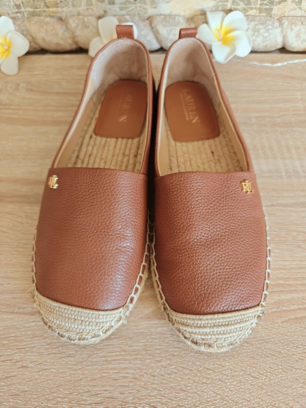Lauren Ralph Lauren Cameryn Tumbled Leather Espadrilles Cognac Size 7 - Picture 5 of 9
